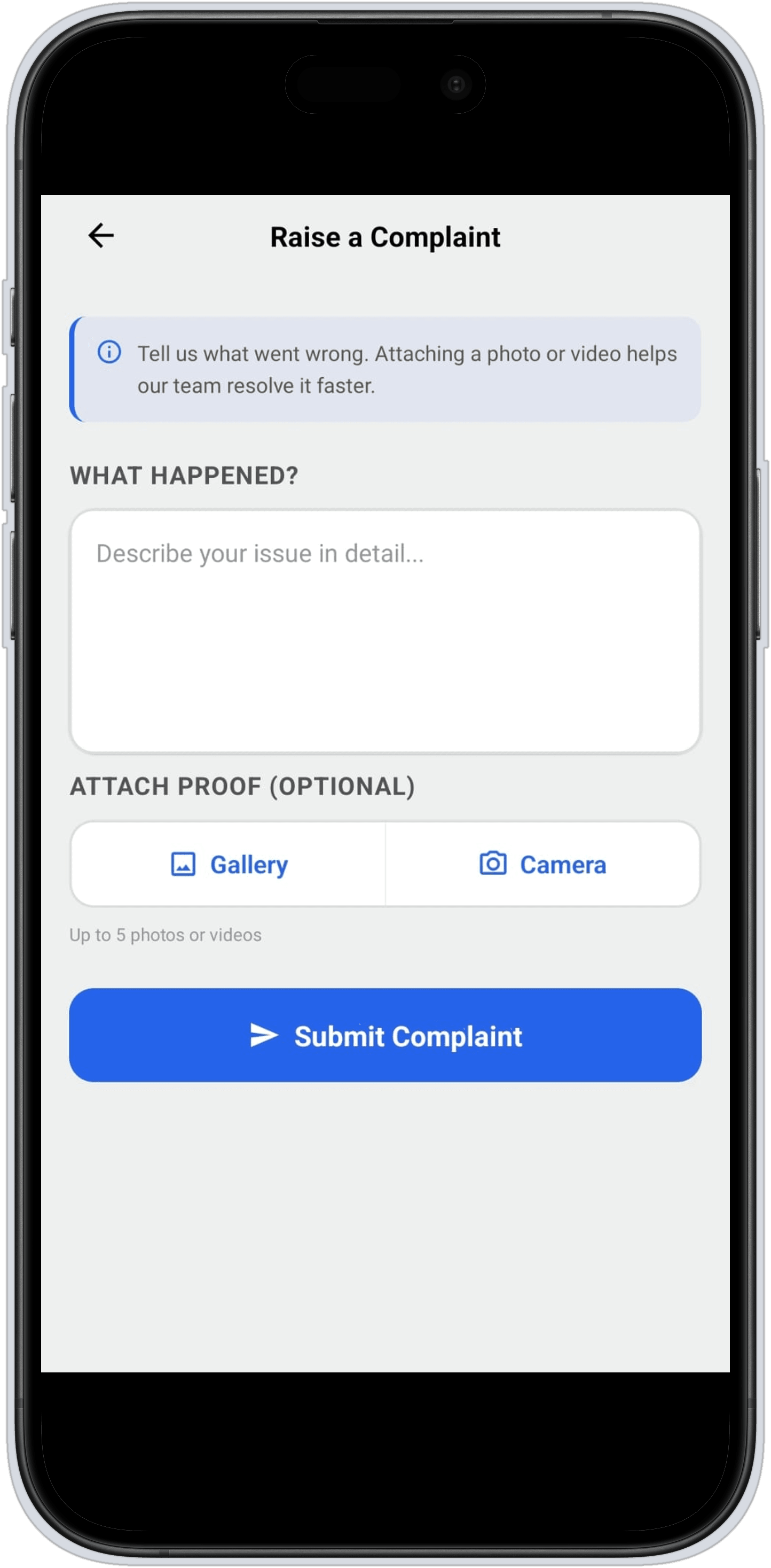 RideMate's Raise a Complaint screen, with a description field and option to attach photo or video proof.