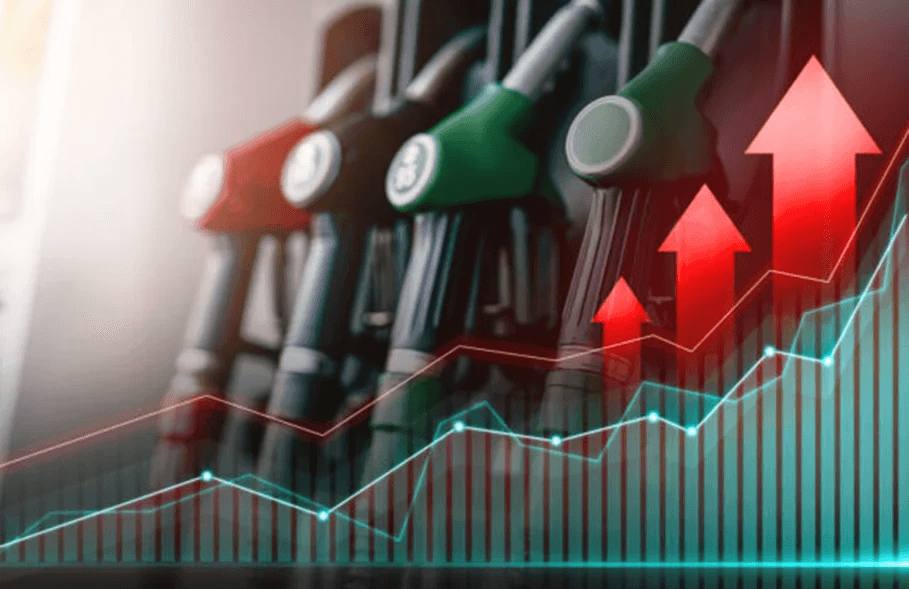 Fuel pump nozzles with a rising price chart overlay
