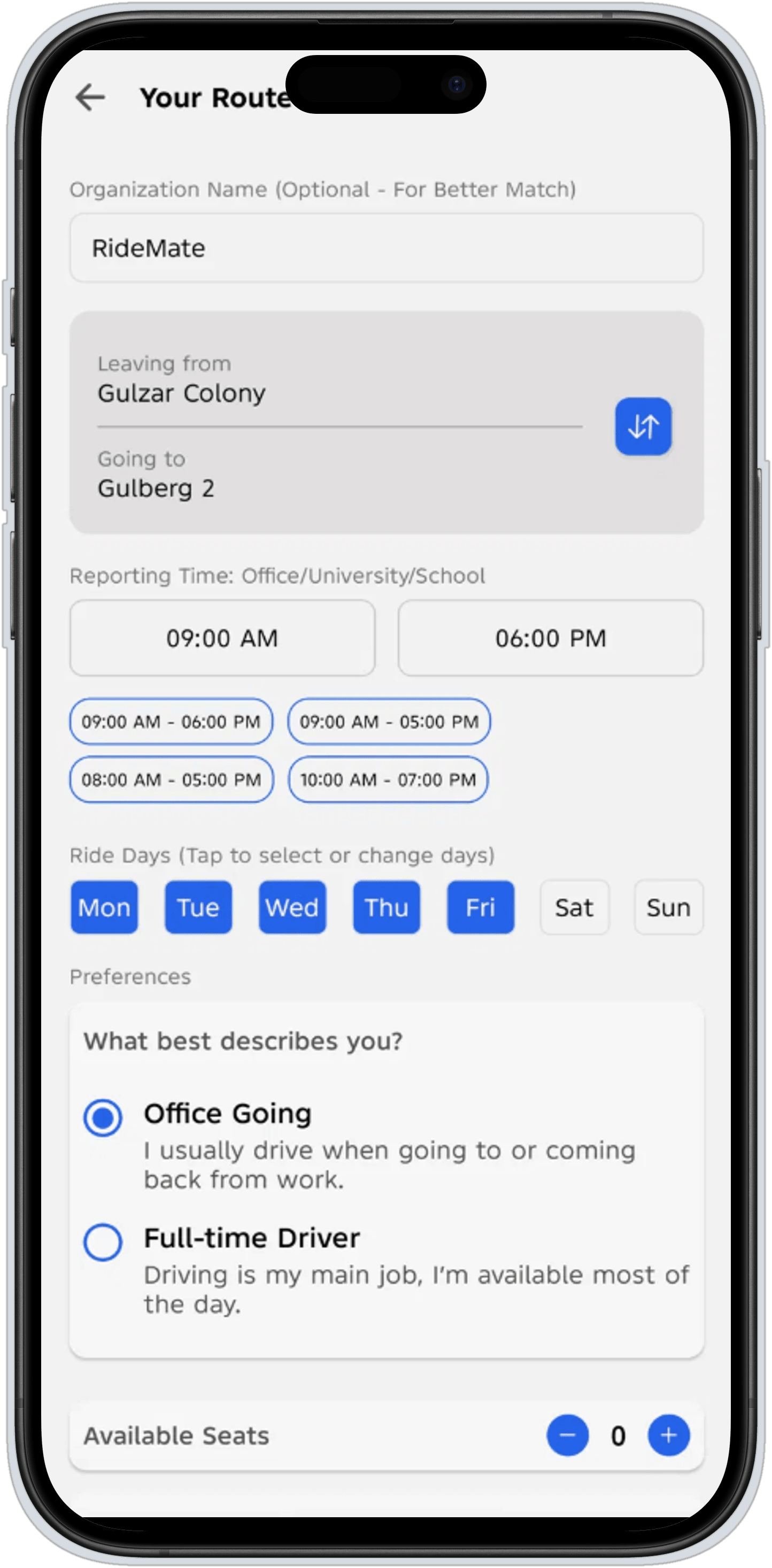 Setting up a daily route in RideMate.