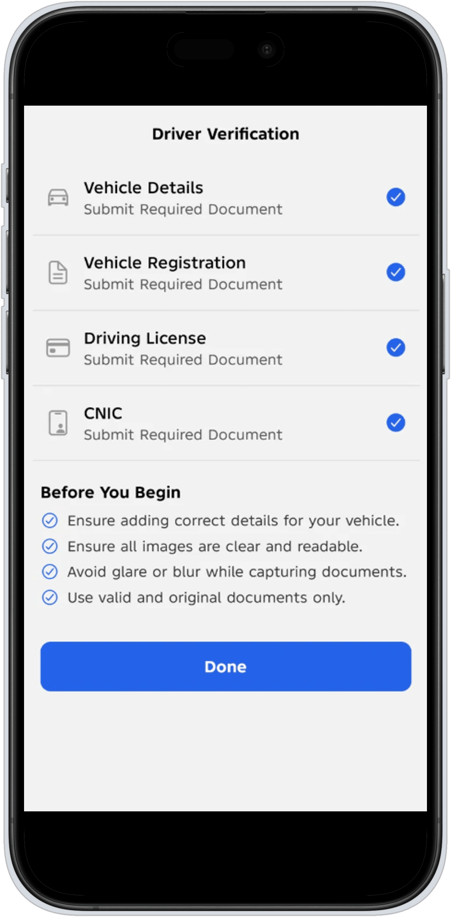 RideMate's driver verification checklist.