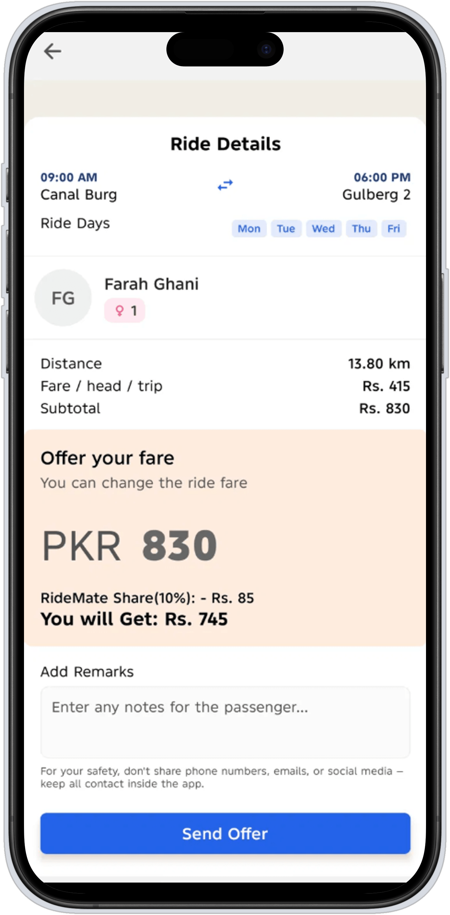 Ride offer screen showing per-seat fare and RideMate's transparent 10% share.
