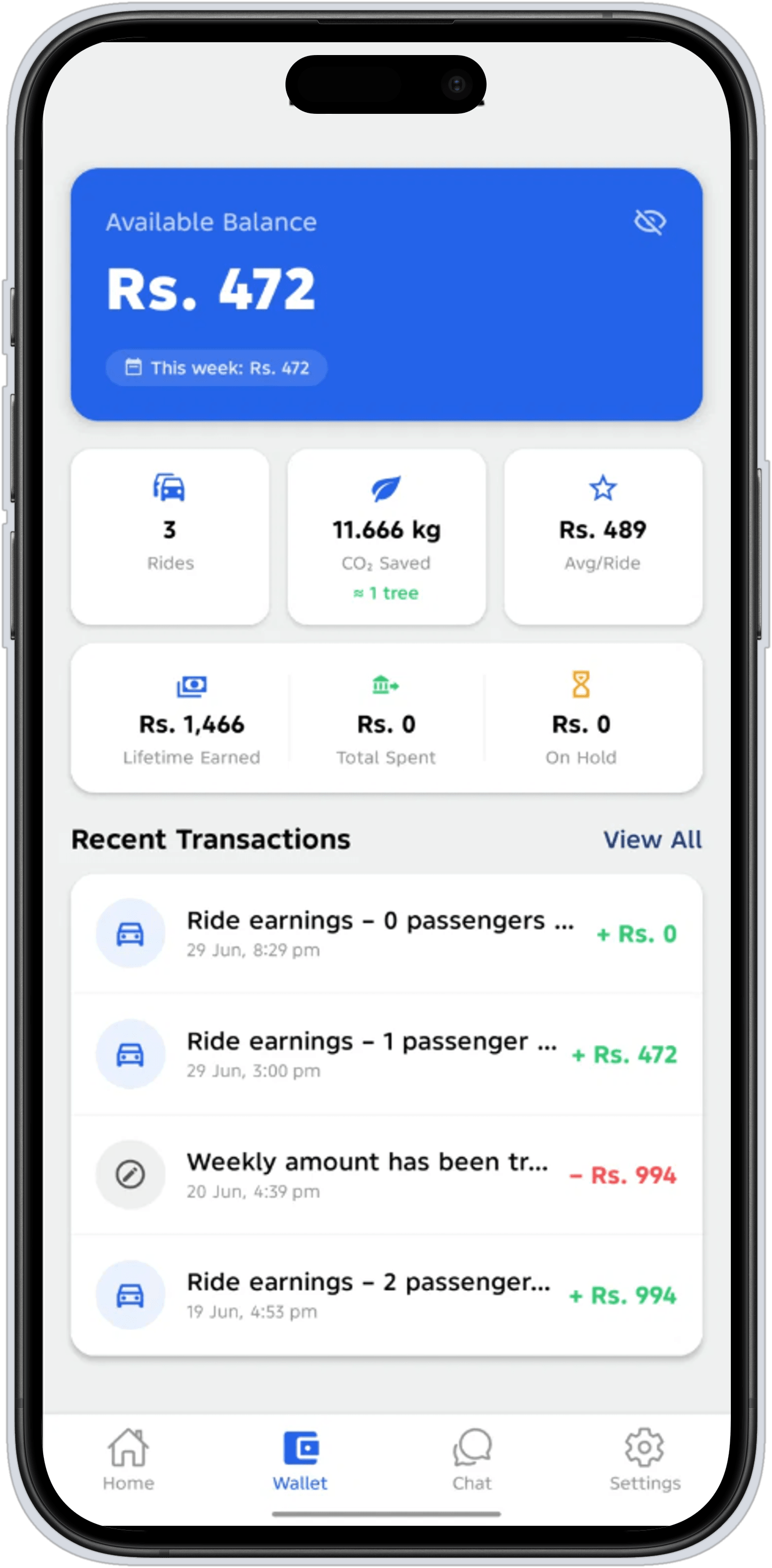 The RideMate wallet: earnings, rides, and CO₂ saved.