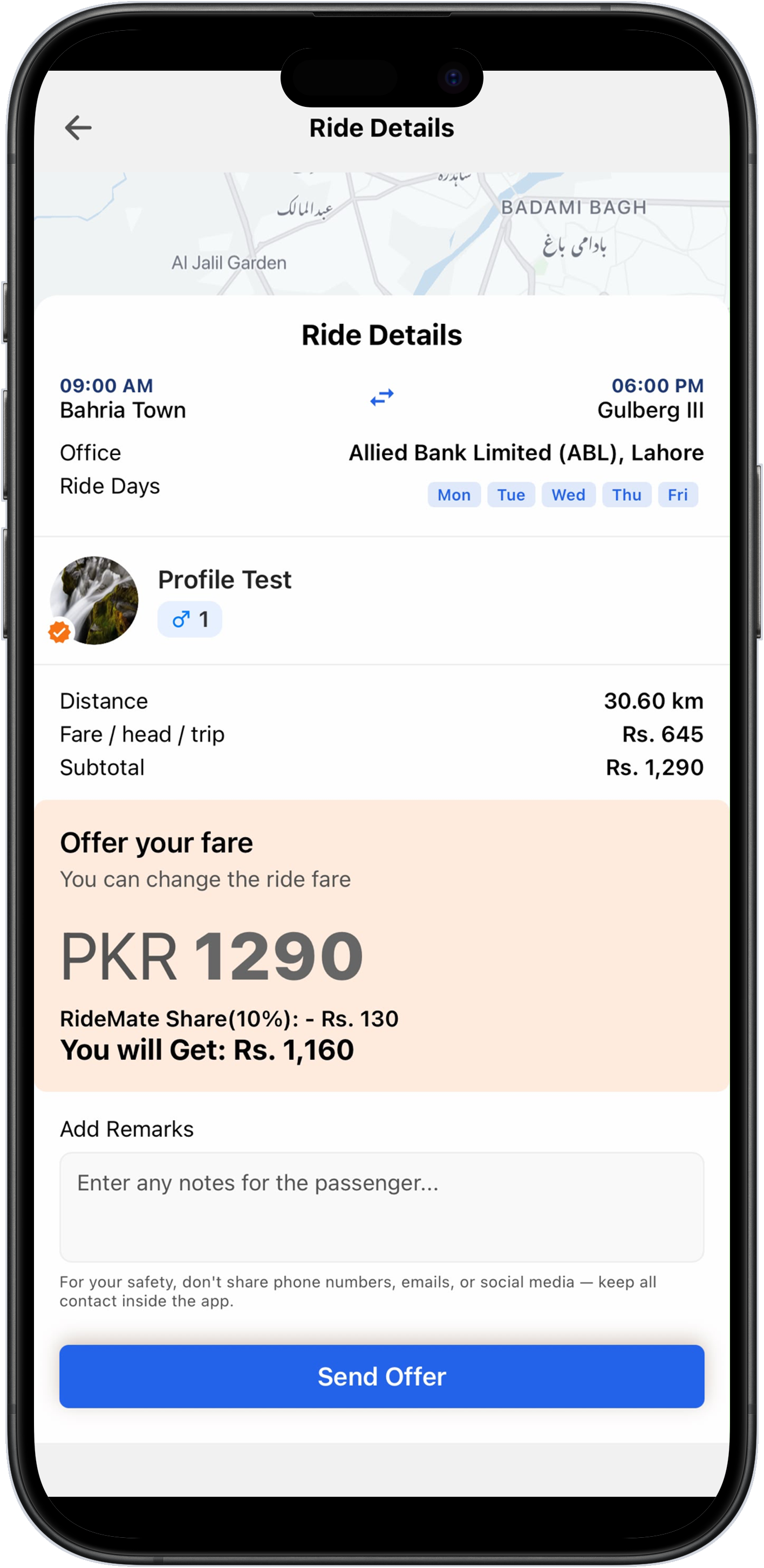 RideMate ride offer screen for the Bahria Town to Gulberg III daily route.