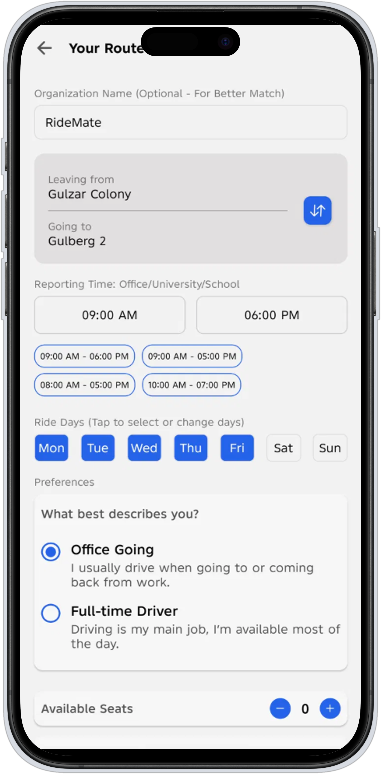Setting up a daily route in RideMate.