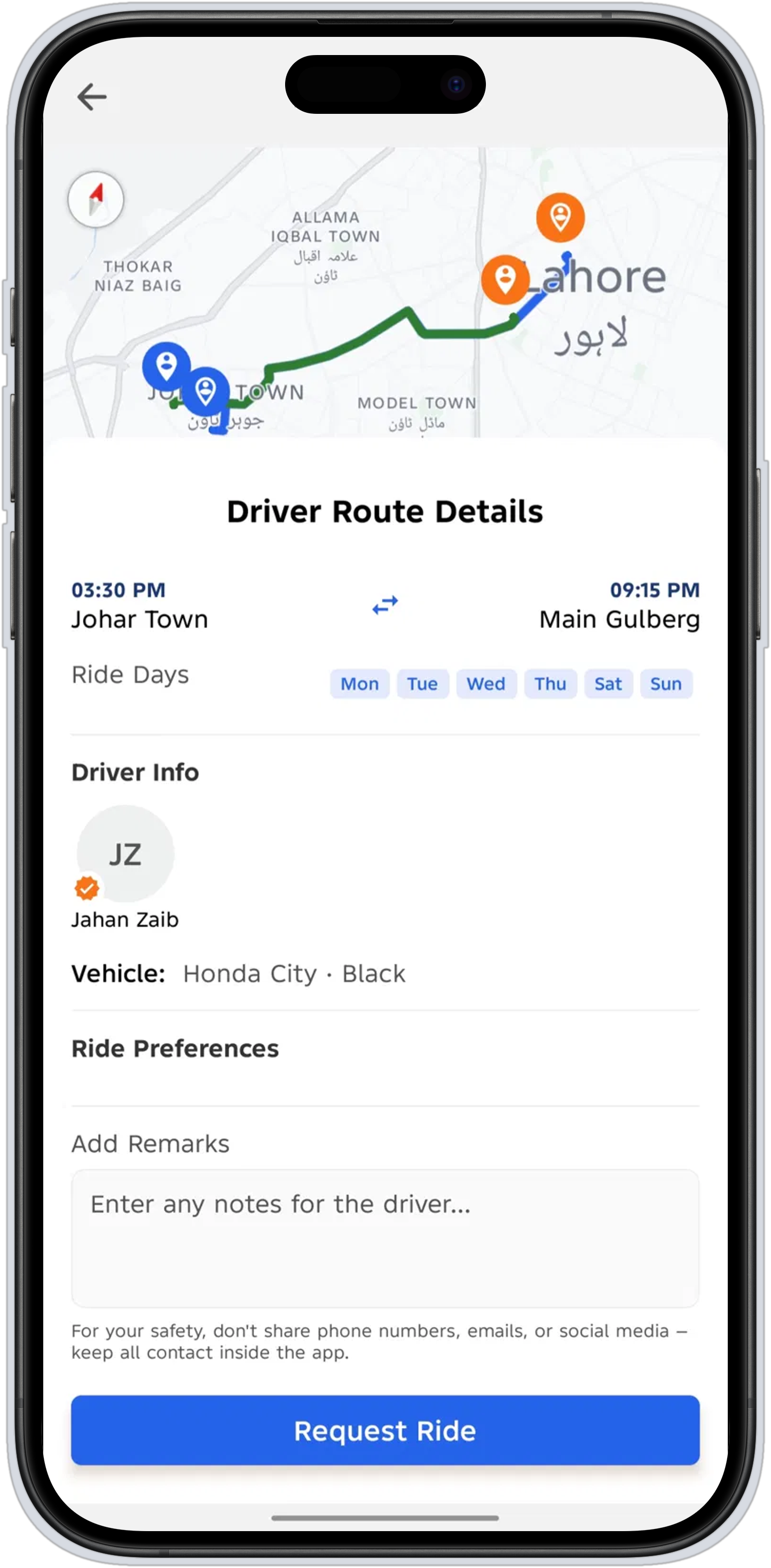Driver route details with map, verified badge, and vehicle info.