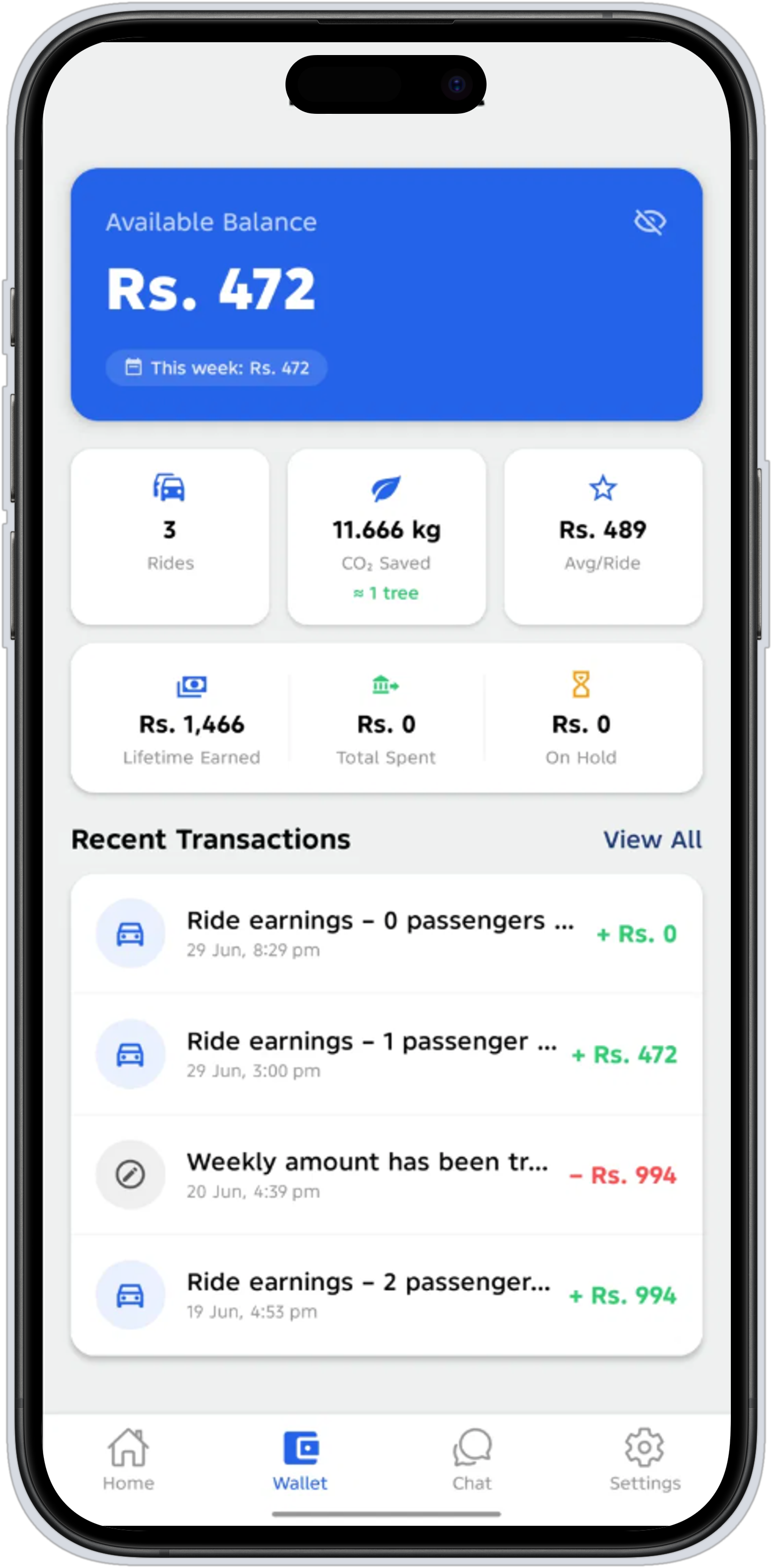 The RideMate wallet: earnings, rides, and CO₂ saved.